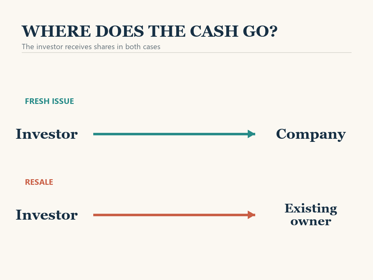 Two cash pathways show that a fresh share issue pays the company, while a resale pays an existing owner.