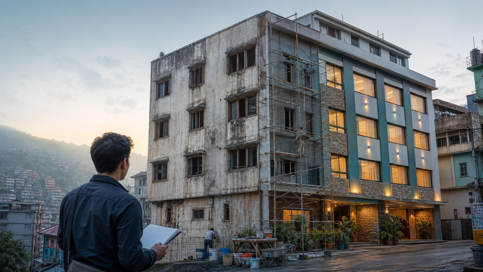 Editorial illustration of an anonymous budget hotel being carefully renovated