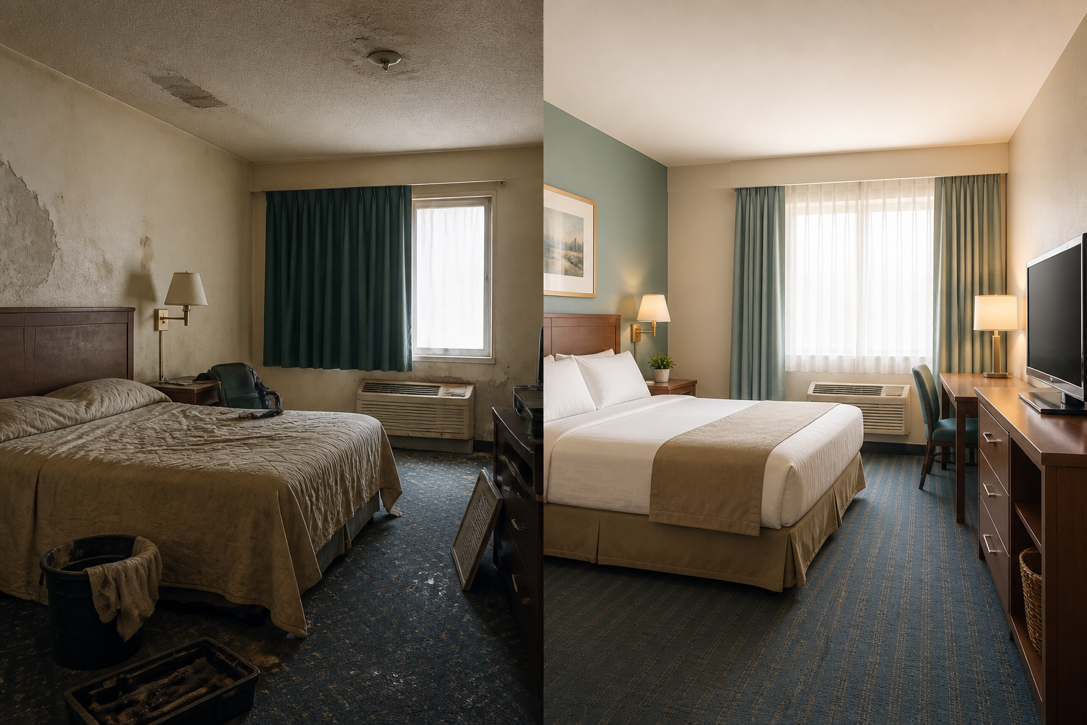 Conceptual before-and-progress view of an anonymous budget hotel room renovation