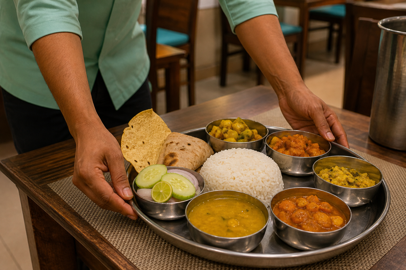 A generous Indian meal served in a simple hotel restaurant setting